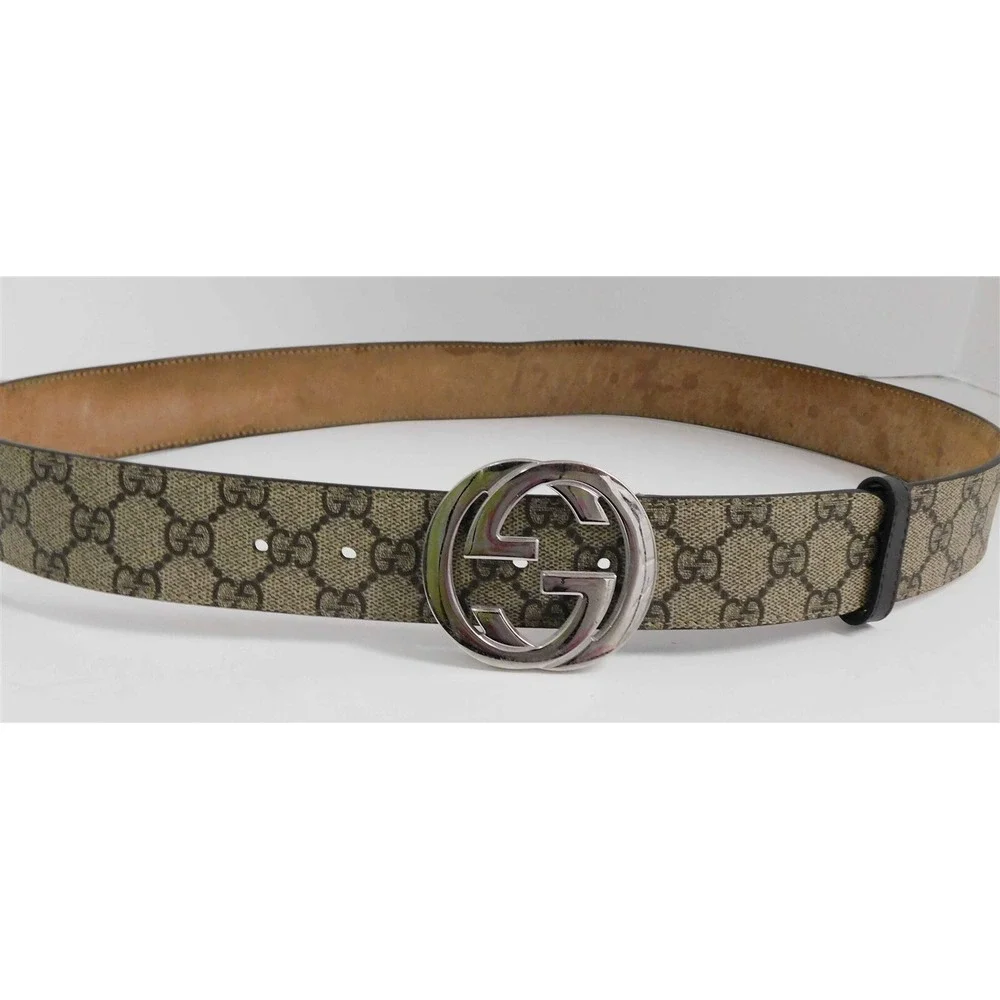 Gucci Silver GG Belt Buckle Brown Monogram Canvas Leather Belt sz 40 euro 100